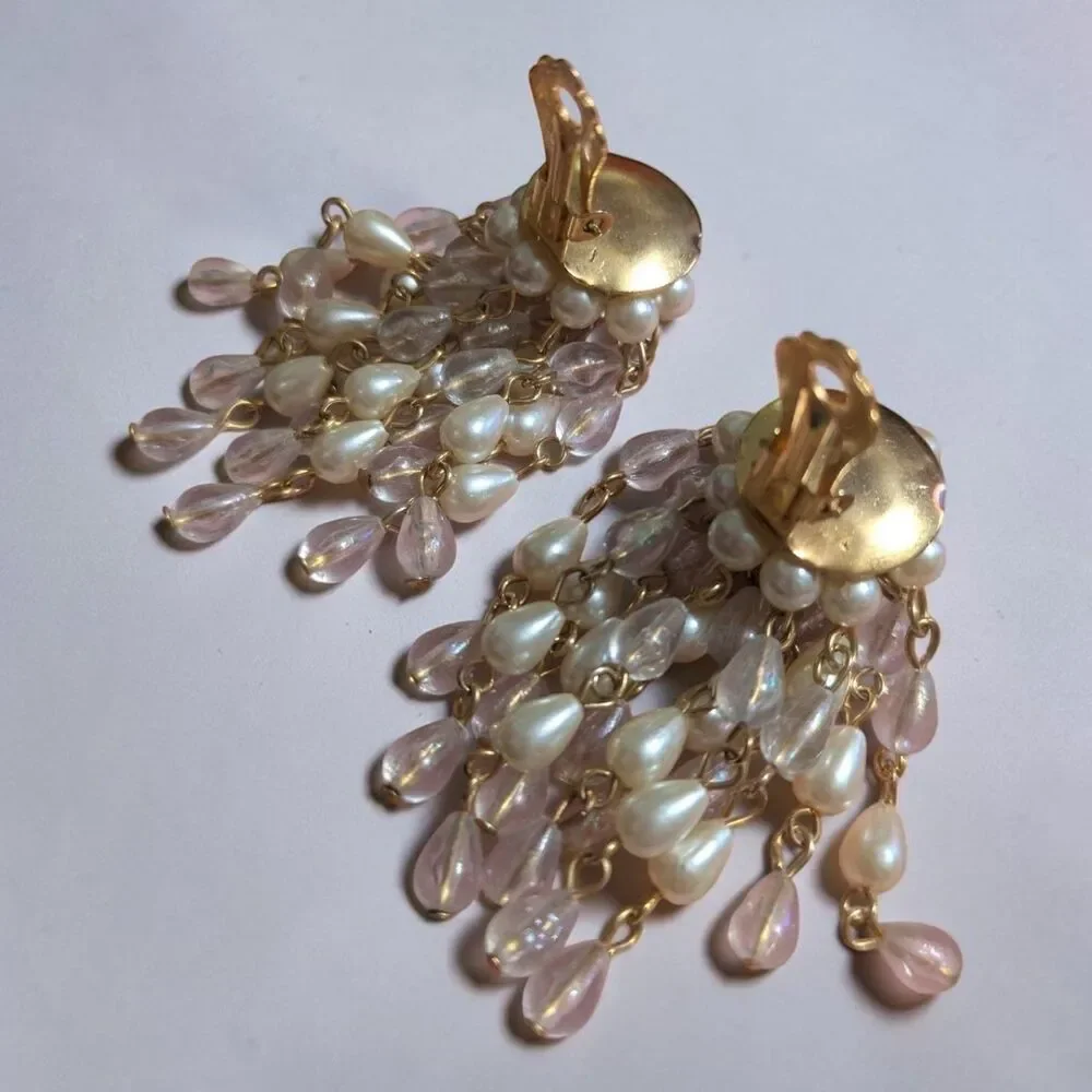 Vintage Faux Pearl Pink Bead Cascade Clip On Earrings, Cottagecore Jewelry